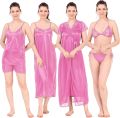6 part Night Dress Silk Color Nighty Comfort Sleeping Dress pink purple blue misty  Red Color Indian Silk Super Soft and elegan night hot romantic dress for women bikini penty gaown semis pants tops nighty  silk dress for girl. 