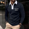 New patchwork zipper lapel fashionable casual men's long sleeved T-shirt Polo hot selling men's top clothing.