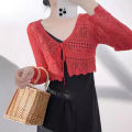 South Korea 2024 Summer New All-Matching Hollow Crocheted Flower Linen Knitwear Lace-up Long Sleeve Cardigan Shawl for Women.