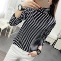 Women Black White Striped Long Sleeve T-Shirt Korean Style Turtleneck Tops. 