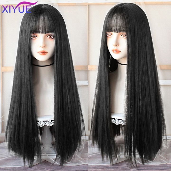 Black wig. Black straight hair with cheapest bangs wig. Synthetic wig for women.