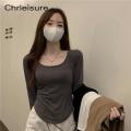 CHRLEISURE Women Irregular T-Shirts Long Sleeve Casual Spring Autumn Solid Crop Tops Square Neck Fashion Slim Tees Shirts New.