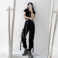 2023 Spring Summer Cargo Women's Pants Punk Black Female Joggers Streetwear Harem Ankle-Length Trousers with chain. 