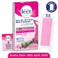 Veet Wax Strips for Bikini Line & Underarm, 16 One-Side Strips (2 Strips Patched Together X 8) & 3 Perfect Finish Wipes for Long Lasting Smoothness, Normal Skin, Made in France. 