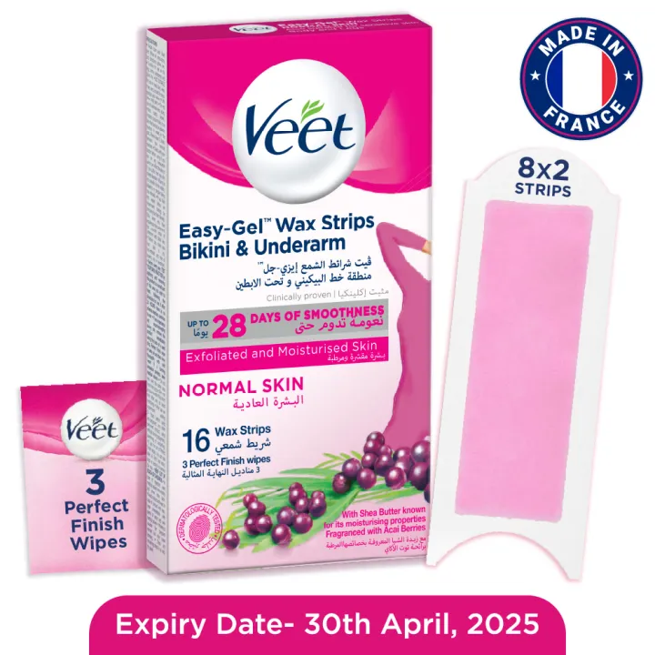 Veet Wax Strips for Bikini Line & Underarm, 16 One-Side Strips (2 Strips Patched Together X 8) & 3 Perfect Finish Wipes for Long Lasting Smoothness, Normal Skin, Made in France