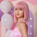Bob Light Pink Cosplay Synthetic Wigs Straight Lolita Short Wig Halloween Natural Hair with Bangs for Women Afro Heat Resistant. 
