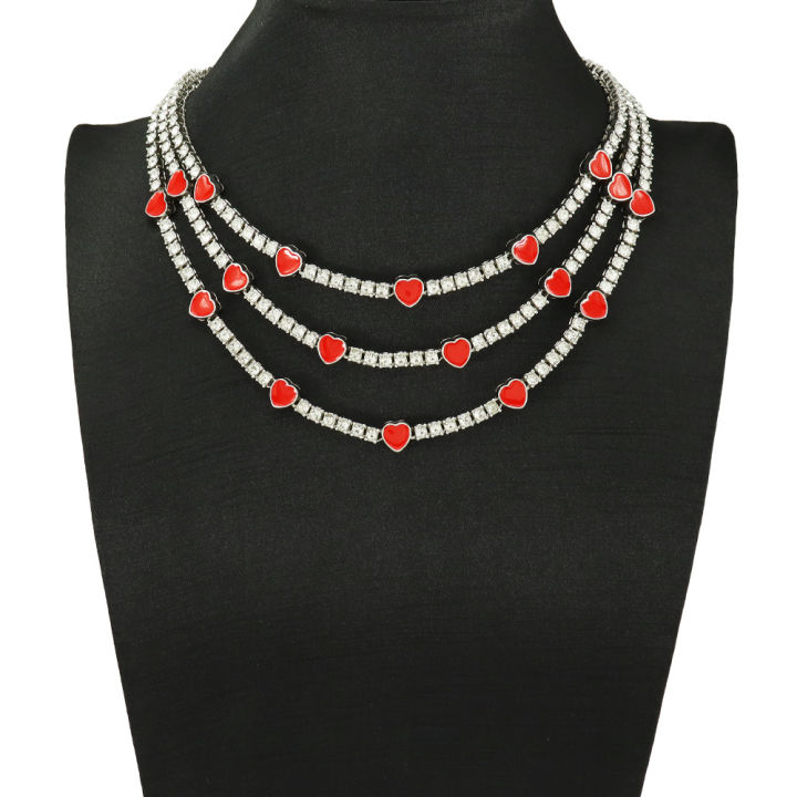 European and American cross-border ins style red dripping nectarine heart splicing single-row diamond tennis chain shiny cool full diamond love necklace
