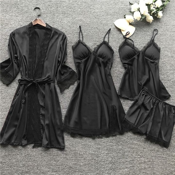 Long Sleeve Womens Pajamas Lace Lingerie Nightwear Underwear Sleepwear 4pc Suit Pajama Sets For Women Pijama Mujer