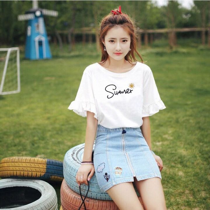 100%25Cotton%20Short-SleeveTT-shirt%20Women's%20Korean-Style%20Fashionable%20Students%20All-Matching%20Summer%20New%20LooseinsRuffled%20Top%20-%20Image%205