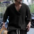 Men Top Men's Retro Applique V Neck Half Sleeve Loose Fit T-shirt Soft Breathable Sports Casual Tee Polyester Half-sleeve Shirt.