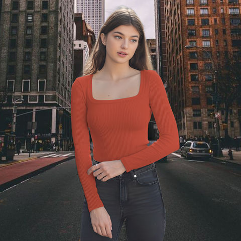 Exclusive Imported Premium Quality Rib Knit Square Neck Long Sleeve Long Top for Women's