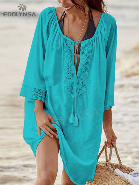 PRODUCTEI%20Women%20Swimsuit%20Cover%20Ups%20Kaftan%20Beach%20Tunic%20Dress%202023%20Summer%20Robe%20De%20Plage%20Solid%20Cotton%20Pareo%20Beach%20Cover%20Up%20#Q363%20-%20Image%203