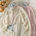 Women Frenum Cardigan Blouses and Tops Bow Lace Up Long Sleeve Crop Top Female Elegant Shirt Thin Aesthetic Clothes Korean Style. 