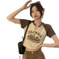 2024 New Sweet and Spicy American Retro Design Short Student Top Trendy Hot Girl V Collar Short Sleeve T Women's Summer T-shirt. 