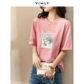 Vimly Summer T Shirt Loose Casual Tees Aesthetic Vintage 100% Cotton Pink O Neck Printing Short Sleeve Tops Women Clothes V6110.