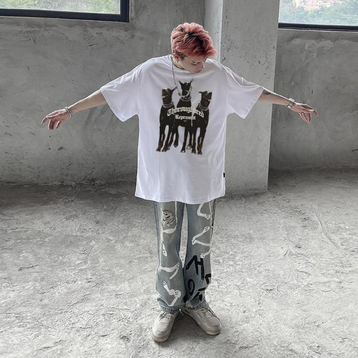 【Flash sale】 100%Cotton West Coast Fashion Doberman Short SleeveTT-shirt Men's Hound Printed High Street Retro Loose