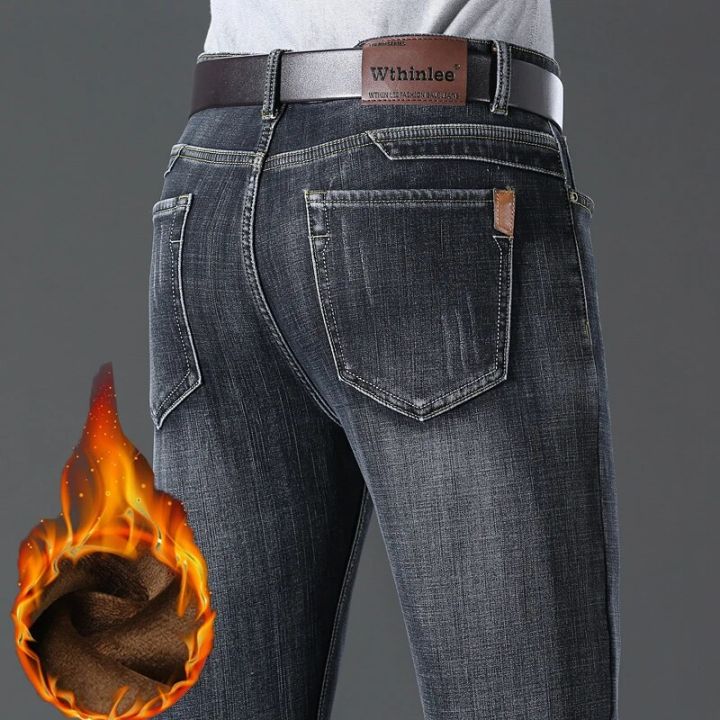 2022 Winter New Men Blue black Fleece Thick Jeans Zippered Pocket Design Cargo Jeans Trendy Denim Warm Pants Male Brand Trousers