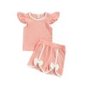 Jumperjuser-Toddler Kids Girls 2 Pieces Outfit, Fly Sleeve Round Neck Contrast Color T-Shirt + Bowknot Shorts Summer Set. 