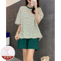 Manufacturers: foreign trade, summer pajamas with bra pads, women's short-sleeved shorts, imitation cotton stripes, simple sports loungewear, can be worn outside.