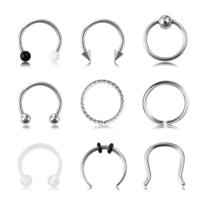 9pcs%20Hoop%20Nose%20Ring%20Septum%20Piercing%20Set%20Silver%20Color%20Surgical%20Steel%20Cartilage%20Earring%20Tragus%20Helix%20Circular%20BCR%20Ear%20Body%20Jewelry%20-%20Image%203