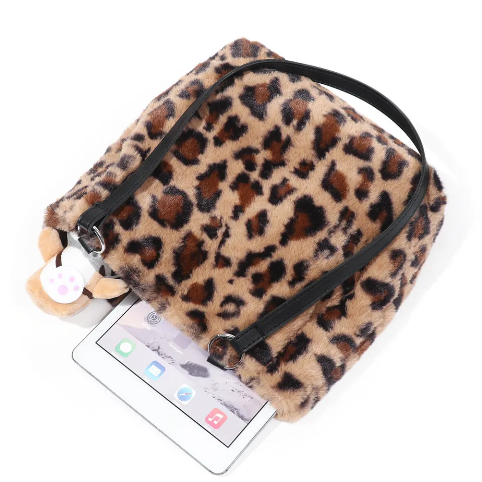 Ladies Women Girls Leopard Printed Shoulder Bag Soft Fluffy Plush