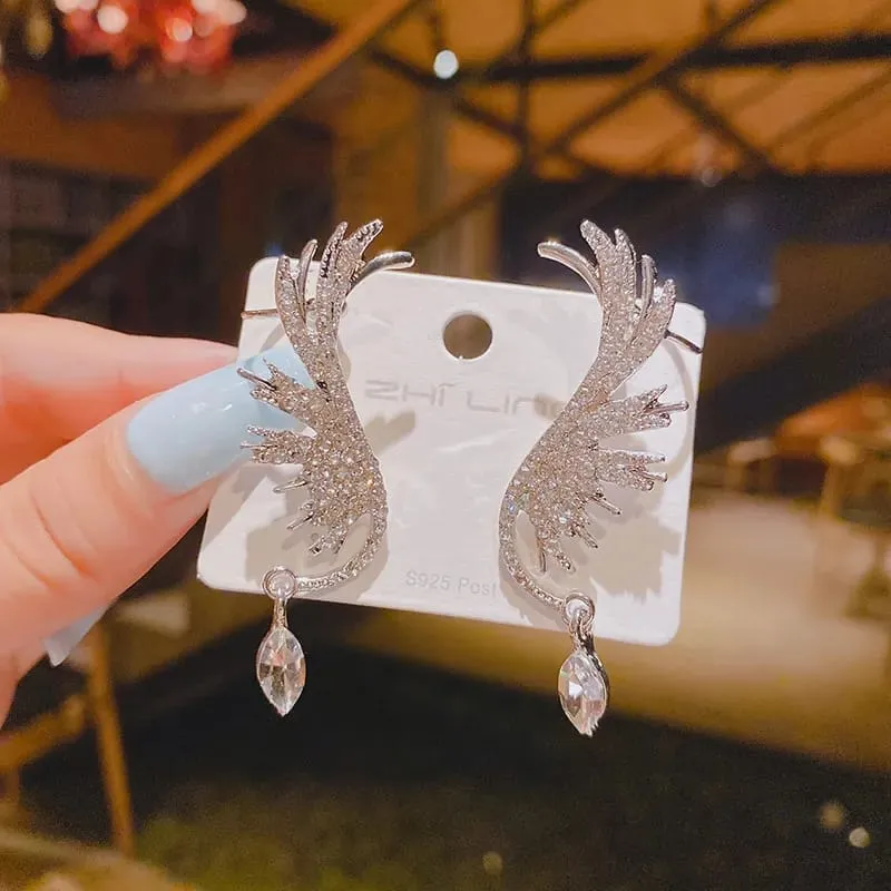 Women Angel Wings Feather Earrings Ear Stud Trendy Crystal tassel