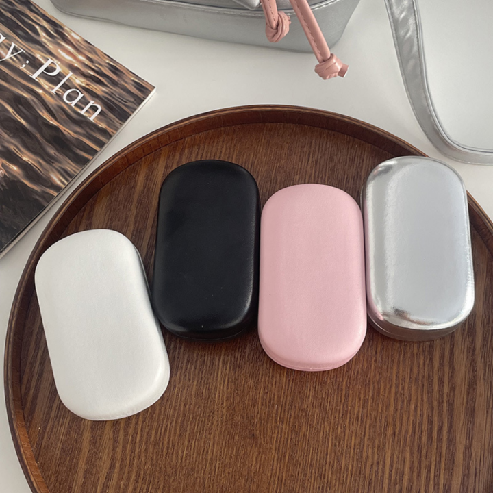 Solid Color Contact Lens Case Protective Korean Leather Solid Color Contact Lenses Companion Case 9.5*5.5*3.2cm With Mirror Leather With Mirror Large Care Box for Daily Use Travelling Makeup Routine Vision Care Fashion Statement
