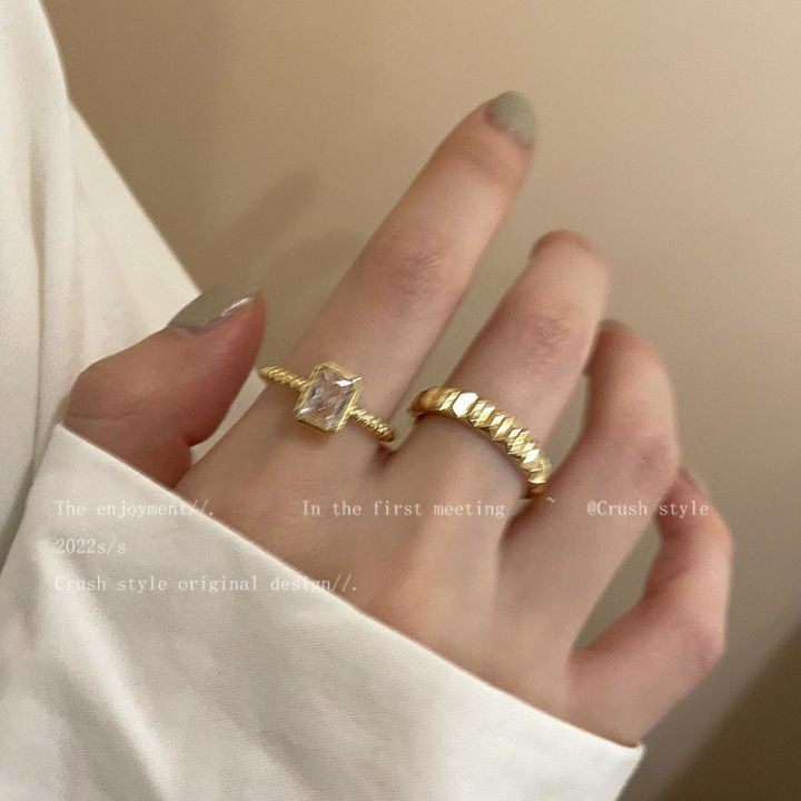 Japan and South Korea Geometric Square Zircon Ring Women's Fashion S925 Silver Stripe Open Ring ins Design Sense Index Finger Ring