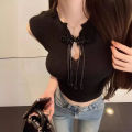 New Chinese Style Retro Buckle Sweater Women's Summer Pure Desire Style Hot Girl Short Sleeve T T-shirt Short Blue Waistcoat Top. 