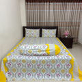 4 Piece set Cotton Fabric (সুতি কাপড়) Printed 7 by 8 Feet Double King Size Bedsheet Set with Two Pillow Covers and With Side Pillow cover. 