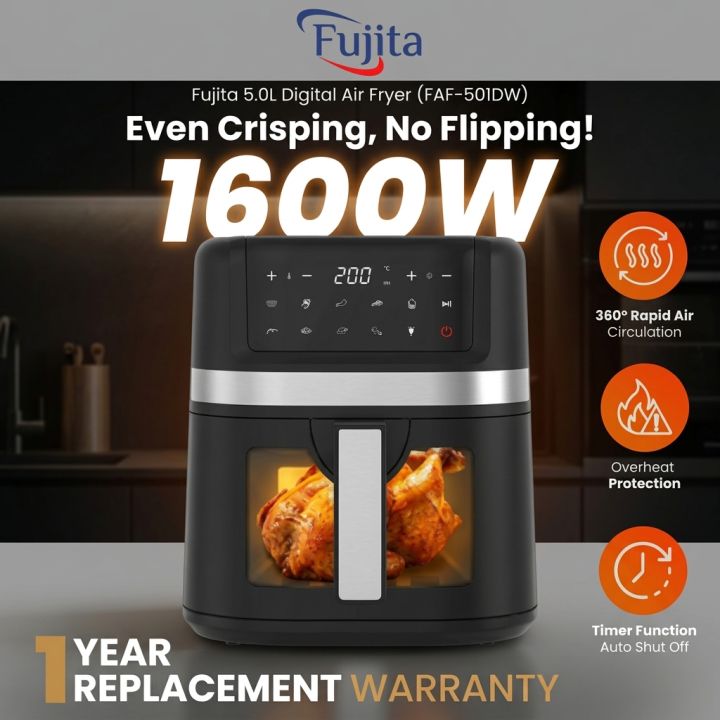 Fujita 5.0L Digital Air Fryer (FAF-501DW) – 1600W Rapid Air Technology with 1-Year Replacement Warranty