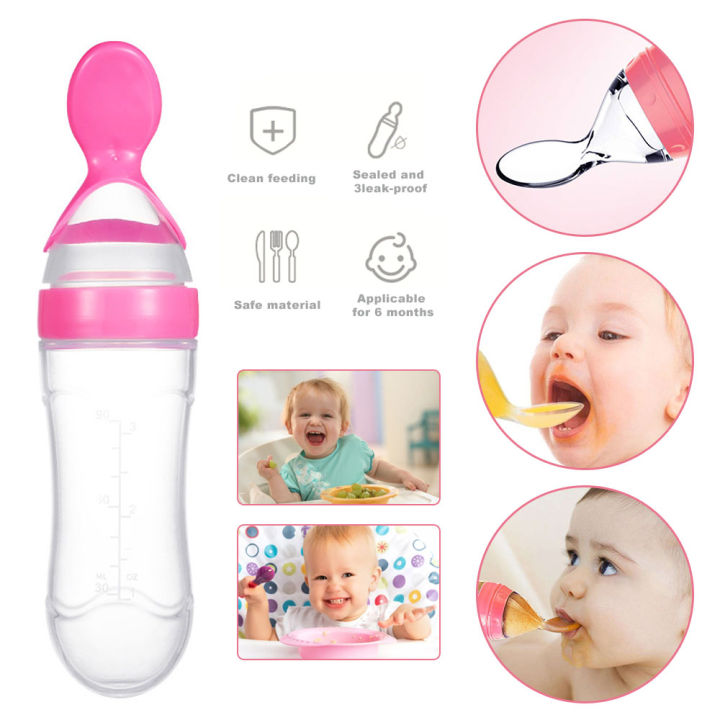 Baby Feeding Spoon Bottle – Soft Silicone Squeeze Feeder-90ml (Pink) main image 1