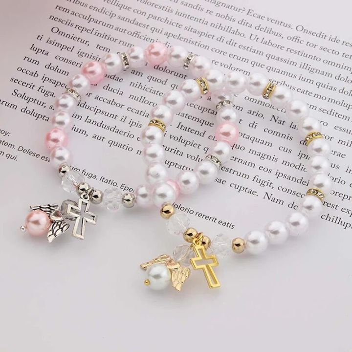 Religious Pearl Bracelet Angel Wing Cross Beaded Bracelet Baby Shower Girl Boy Baptism Gift