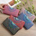 Women PU Leather Embroidery Floral Wallet with Zipper Card Holder, Blue, Red, Black, Pink, 20x10 CM.