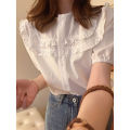 French Style Temperament Lace Collar Puff Sleeve Short Sleeve Shirt for Women Summer New High-Grade Chic Blue Gentle Top. 