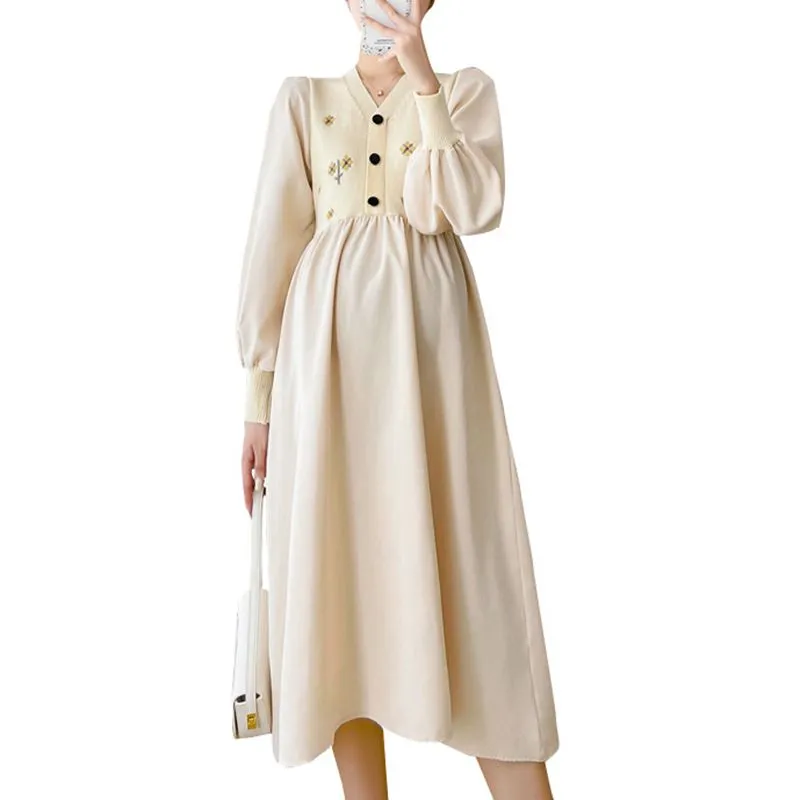 Maternity Dresses Autumn Winter Clothes For Pregnant Women Fashion  Embroidery Stitching Breastfeeding Dress Pregnancy Vestidos