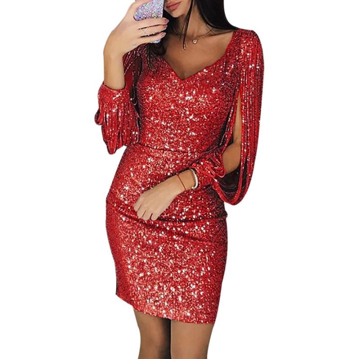 Women%20Dresses%20Europe%20and%20The%20United%20States%20New%20Women's%20V-neck%20Nightclub%20Party%20Fringe%20Bag%20Hip%20Dress%20-%20Image%204