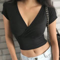 BIGSWEETY Deep V Neck Tops For Women Summer Casual Short Sleeve Slim Fitted Bodycon Wrap Crop Tops T Shirts Blouse.