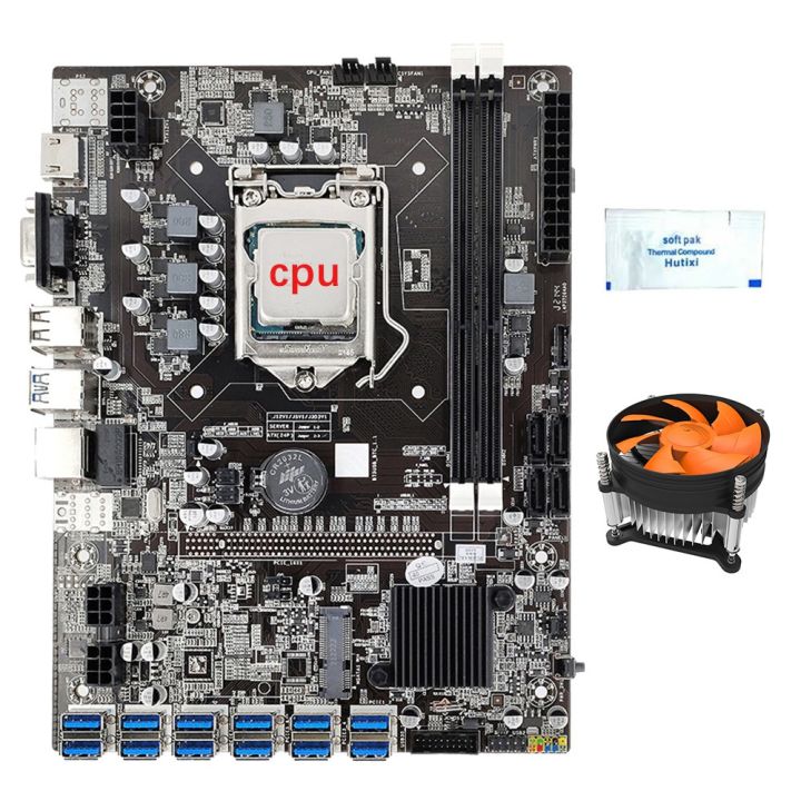 B75 12 GPU Mining Motherboard+CPU+Cooling Fan+Thermal Grease 12 USB3.0 to PCIE1X LGA1155 2XDDR3 Slot SATA3.0 for BTC/ETH