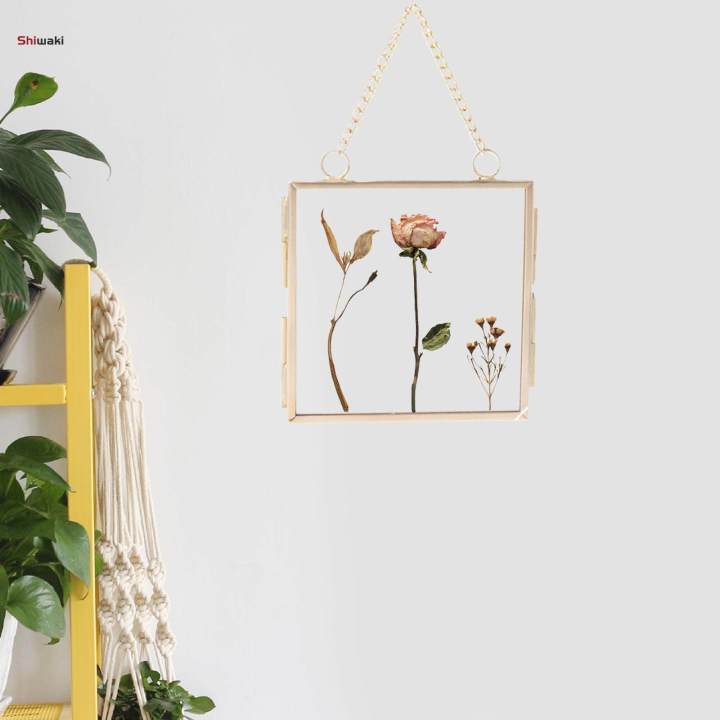 Gold Hanging Floating Picture Frames Square Brass Double Sided Glass Frame for Pressed 60x60mm