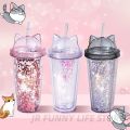 420ml Cat Ear Water Bottle For Girls with Sequins BPA FREE Double wall Tumbler with straw reusable Smoothie Cup Drinkware. 