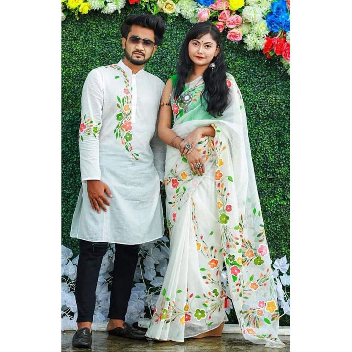 New Exclusive Designer Half Silk Saree And Dhupiyan Panjabi For Combo Couple Dress - Saree Elegance Redefined for Couples