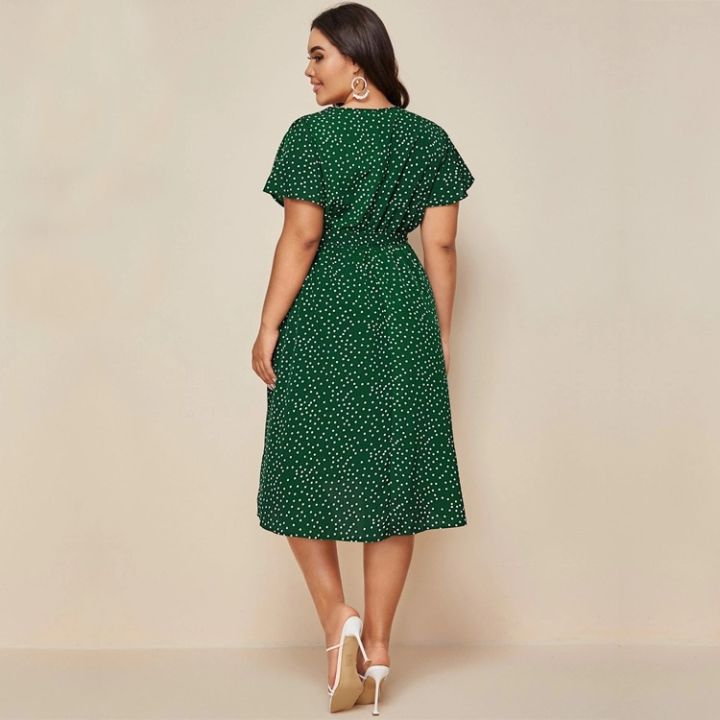 DOIB%20Women%20Plus%20Size%20Dress%20Gree%20White%20Polka%20Dot%20V%20Neck%20Sashes%20Large%20Size%20Dress%202020%20Summer%20Split%20Oversize%20Female%20Dress%204XL%20-%20Image%205