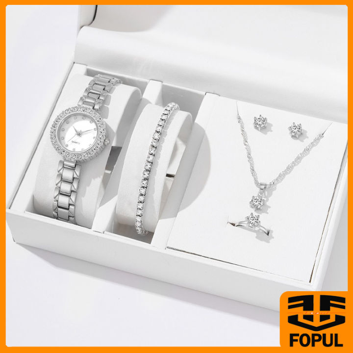 Fopul Mall Fashion Business Diamond Stainless Steel Quartz Watch 6PCS Set Business Diamond Necklace Bracelet Watches for Women Ladies Girl