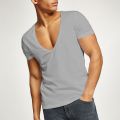 Deep V-Neck Men's T Shirt Low Cut Vneck Wide Vee Tee Male Tshirt Short Sleeve Causal Gym Solid Tops Invisible Undershirt.