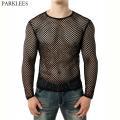 Mens Transparent Mesh T Shirt 2022 New See Through Fishnet Long Sleeve Muscle Undershirts Nightclub Party Perform Top Tees. 