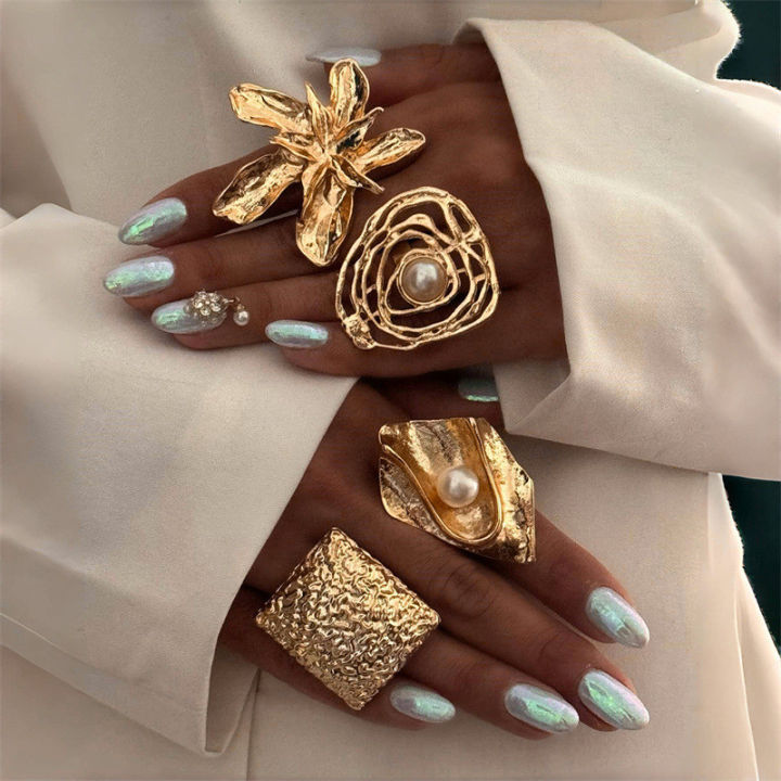 Enacolor%204Pcs/Set%20Retro%20Gold%20Irregular%20Alloy%20Flowers%20Ring%20Set%20Joint%20Rings%20for%20Women%20Exaggeration%20Jewelry%20Accessories%20Gifts%20-%20Image%208