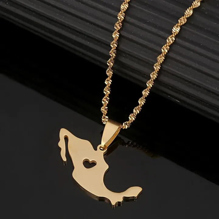 Stainless Steel Trendy Mexico Map Pendant Necklace Gold Color Mexican Maps Heart Jewelry