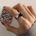 Simple Black Double Heart Open Ring for Women Ins Girl New Accessories Adjustable. 