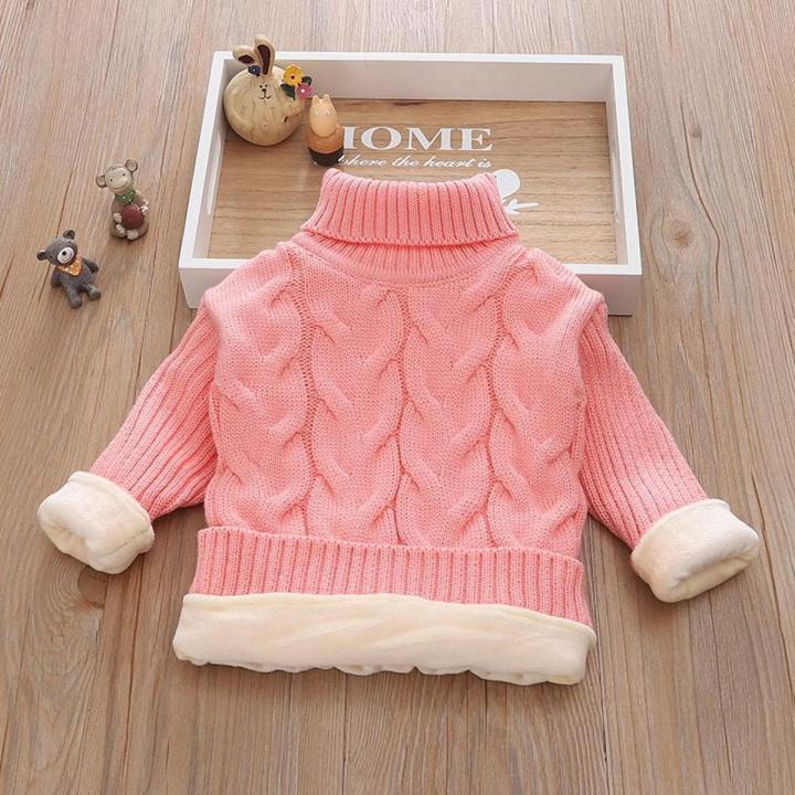 Autumn and Winter Kids' Sweater Boys' round Neck Sweater Girls' Thickened Fleece-Lined Base Pullover Baby Turtleneck Sweater